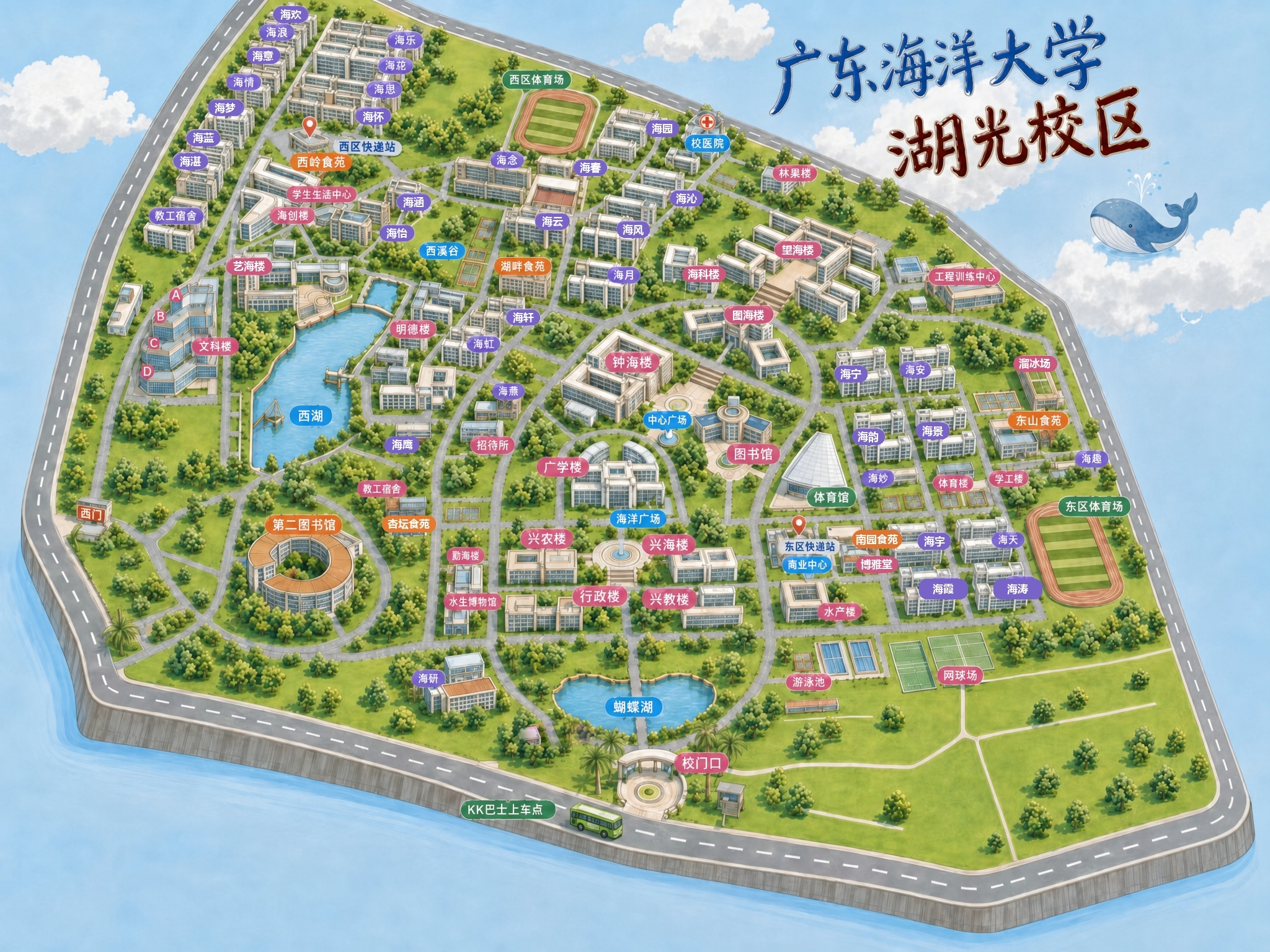 广东海洋大学湖光校区校园地图设计，标注教学楼、宿舍与道路